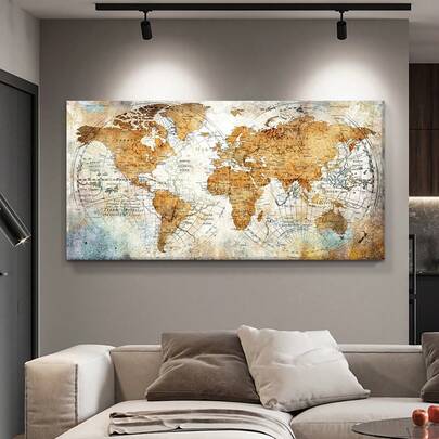 1/2 pieza/Set Pintura en lienzo del mapa del mundo retro - Decoración de pared vintage y nostálgica, adecuada para la decoración del hogar, la decoración de la habitación, la decoración del dormitorio, la decoración de la sala de estar, la decoración del baño, la decoración de la pared, arte de pared opcional con marco - Idea de regalo única