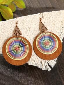 TopHanqi 1 par de pendientes redondos de madera vintage personalizados con estampado de patrón espiral, pendientes de estilo bohemio para mujeres, adecuados para uso diario, viajes, fiestas y todas las estaciones