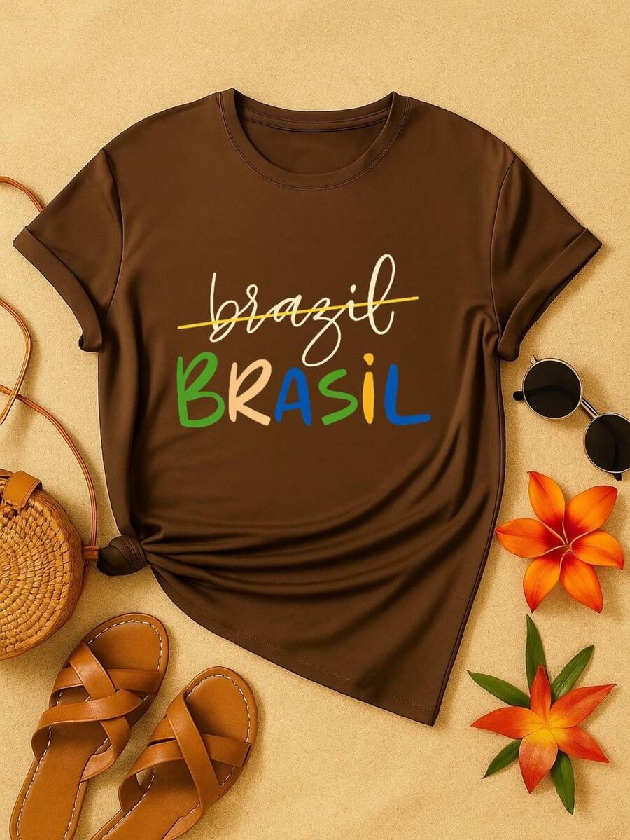 Women's Brazil World Cup Printed T-Shirt, Casual, 100% Cotton, Short Sleeve, Comfortable For Summer. - 棕色 - 查看 1