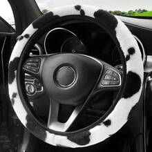 1件装毛绒奶牛纹方向盘套，防滑保暖毛绒奶牛图案方向盘保护套，汽车内饰装饰 - 乳牛 - 查看 3