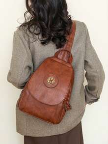 Women's Elegant Flap Shoulder Bag PU Leather Top-Handle Chic Backpack With Multi Zipper Pockets For Daily Use And Dating Events - màu nâu - Xem 3