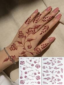 2 Tờ Hình Xăm Henna Hoa Màu Nâu Đỏ, Hình Xăm Tạm Thời Chống Thấm Nước Hình Hoa Màu Nâu Dành Cho Nữ Giới, Nghệ Thuật Vẽ Trên Cơ Thể, Mẫu Mehndi - màu nâu - Xem 2