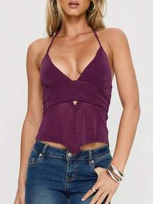 Women's Solid Color Versatile Halter Top, Women's Everyday Commuter Backless Halter Top With A Slim Fit And Irregular Hem. - Red Violet - View 2