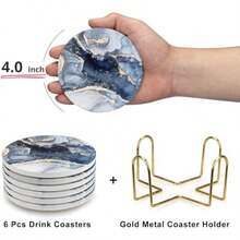 hygIron Tree Juego de 6 Portavasos para Mesa Absorbentes Posavasos de Marmol Antideslizantes de Ceramica para Bebidas con Soporte de Metal Coasters para Varios Tipos de Vasos de Agua y Copas de Vinojuh - Azul - Ver 8