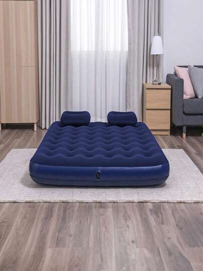 Colchón Inflable Queen Size Con Bomba Y Almohadas. Color Azul Marino