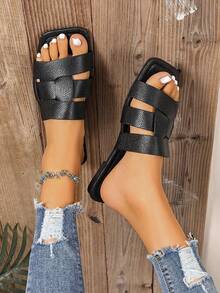 New Spring/Summer Fashion Casual Strap Slide Sandals, Comfortable Flat Heel Round Toe Beach Slippers, Holiday Essential - Black - View 3