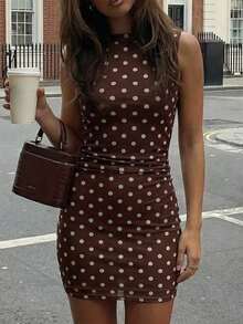 Women's Polka Dot Print Round Neck Sleeveless Ruched Fitted Fashionable Mini Dress - Brown - View 5