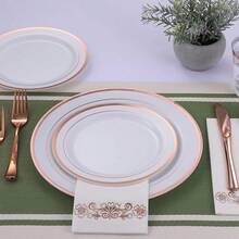 50/25/20/10/1pc Set White Base Rose Gold Rim Plates, Including 10.25" Large Plates And 7.5" Small Plates, Ideal For Family Gatherings, Birthday Parties, Outdoor Events, Holiday Parties, Weddings, Suitable For Multiple Occasions - White Background - View 3