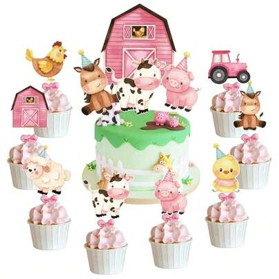 25pcs Pink Farm Animal Cake Toppers, Farm Animal Themed Birthday Party Cake Decorations, Farm Animal Wash Birthday Party Decorations, Farm Girl Birthday Party Decor, Farm Barn Birthday Party Supplies, Baby Shower Birthday Party Decorations. Animal Cake Decorations Perfect For Your Barn/Farm Animal Themed Birthday Party!
