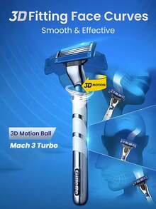 GILLETTE 吉列男士剃须刀，Mach 3 Turbo 1 手柄 + 3 个刀头替换装，三层刀片，送男友的礼物 - 安全刮鬍刀 + 刀片 - 查看 5