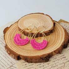 Raffia Hoop Earrings For Women Fun Boho Summer Beach Earrings Lightweight Handmade Straw Wicker Rattan Dangle Earrings Statement Geometric Round Drop Earrings - HotPink-teardrop - View 5