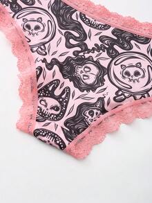 Dircho 5pcs Women's Sexy Cute Gothic Contrast Lace Bikini Panties - Allover Skull & Moon Print Silky Soft Comfy Intimates Underwear, Stretch Breathable Elastic Waist Lightweight Daily Lingerie Set - Multicolor - View 4