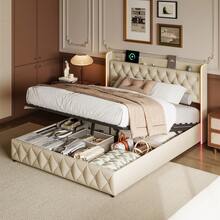 Caluself Double Bed Frame, Upholstered Bed 140/160 X 200 Cm With Storage Box, Gas Lift, Hydraulic Bed, Loading Function And Slatted Base, Double Bed Frame With Storage, Without Mattress, Velvet, Beige - 米色 - 查看 6