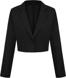 Women's Cropped Long Sleeve Notch Lapel Button Front, Casual Work Office Cardigan Suit, Style YGHH - Black - View 1