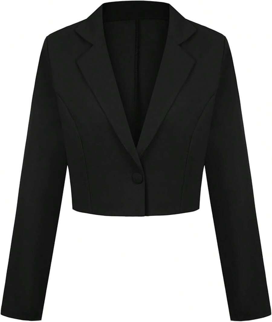 Women's Cropped Long Sleeve Notch Lapel Button Front, Casual Work Office Cardigan Suit, Style YGHH - Black - View 1