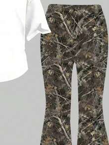 Teen Girls' Casual Fashion Street Style Numeric & Tree Print Loose Fit White T-Shirt And Flare Pants Set, Spring/Summer/Autumn - White - View 3