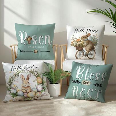 4pcs Spring Easter Cute Rabbit & Egg Floral Bicycle Riding Rabbit Pillow Covers, Single-Sided Soft Peach Velvet Fabric, 45*45CM Cushion Covers For Room Decor, Indoor Sofa Living Room Decor, Party Decoration, Decorative Pillow Gift