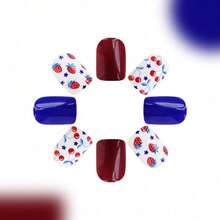 Short Red And Blue Strawberry Cherry Independence Day Nail Art With Five-Pointed Star Design, 24 Pieces - 1 - View 3