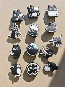 13pcs Black & White Cat Series DIY Fashion Hole Punch Sandal Accessories, Cute Cartoon Series Shoe Decorations Suitable For Clogs, Sandals, Shoe Decor Accessories, Great For Birthday Gifts And Party Favors - Black and White - View 4