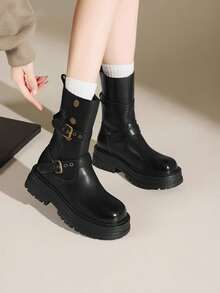 2025 Autumn New Women's Slim Boots, Pointed Toe Chunky Heel Boots, Western Style With Fur Lining - Black - View 2