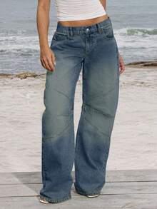 Casual Street Style Loose Fit Distressed Patchwork Pocket Detail Wide Leg Jeans, Autumn - Medium Wash - View 4