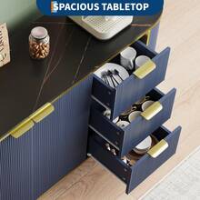 clóset Buffet con Almacenamiento, Moderno clóset de Almacenamiento Credenza Estriado de 60 Pulgadas con Parte Superior de mármol sintético, 2 Puertas correderas de Perfil Curvado y 3 cajones - Azul - Ver 3