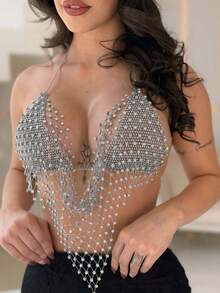 Women's Halter Tops Sleeveless Backless Reinstone Sparkly Glitter Bra Crop Shirt For Party Club Night - 白色 - 查看 6