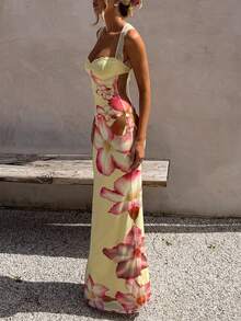 优雅浪漫性感休闲度假约会碎花蕾丝连衣裙，夏季连衣裙，女士优雅连衣裙，休闲长裙，夏季度假装扮，碎花连衣裙 - 黃色 - 查看 5