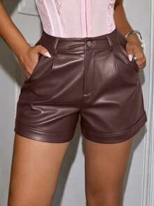 Apperloth A Shorts cargo mini de cuero sintético con pliegues y volantes de cintura alta, estilo streetwear Y2K para verano - Café integral - Ver 3