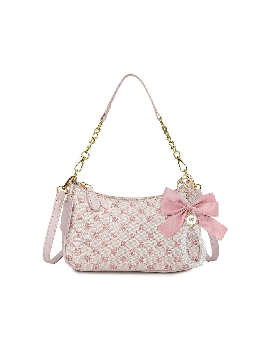 Brand New Fashionable High-Quality PU Material, Pink Bow Pendant Design, Metal Zipper Closure, Adjustable Metal Chain Strap On Top, Elegant And Stylish, Suitable For Shoulder, Handheld Or Crossbody, Perfect For Commuting, Outings, Shopping, Dates And Daily Activities For Girls - Pink - View 1
