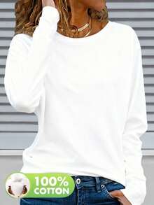 Áo thun nữ dài tay cổ tròn màu trơn, 100% cotton, kiểu dáng thường ngày - Màu trắng, thích hợp cho mùa xuân/hè. - trắng - Xem 6