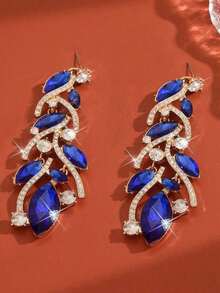 Vintage Navy Blue Rhinestone Earrings, Exaggerated Women's Evening Party Theme Earrings, Elegant And Sophisticated Gift - Xanh đậm - Xem 5