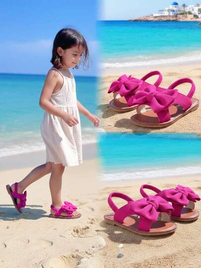 1双紫红色幼儿/小女孩蝴蝶装饰弹力带圆头平底凉鞋，优雅沙滩风，适合3-15岁儿童，休闲、派对、上学、散步、旅行、度假，2026春夏款