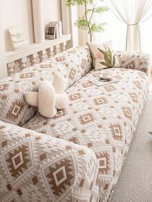 1pc Minimalist Geometric Pattern Stretch Protective Sofa Cover, High-End Anti-Cat Scratch, Suitable For All Seasons, Fits 1-Seater, 2-Seater, 3-Seater, 4-Seater, 5-Seater Sofa - Khaki - View 3