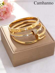 Camhanno 3件套优雅不锈钢手链套装，18k镀金百搭手链，适合日常佩戴，女士适用 - 彩色 - 查看 13