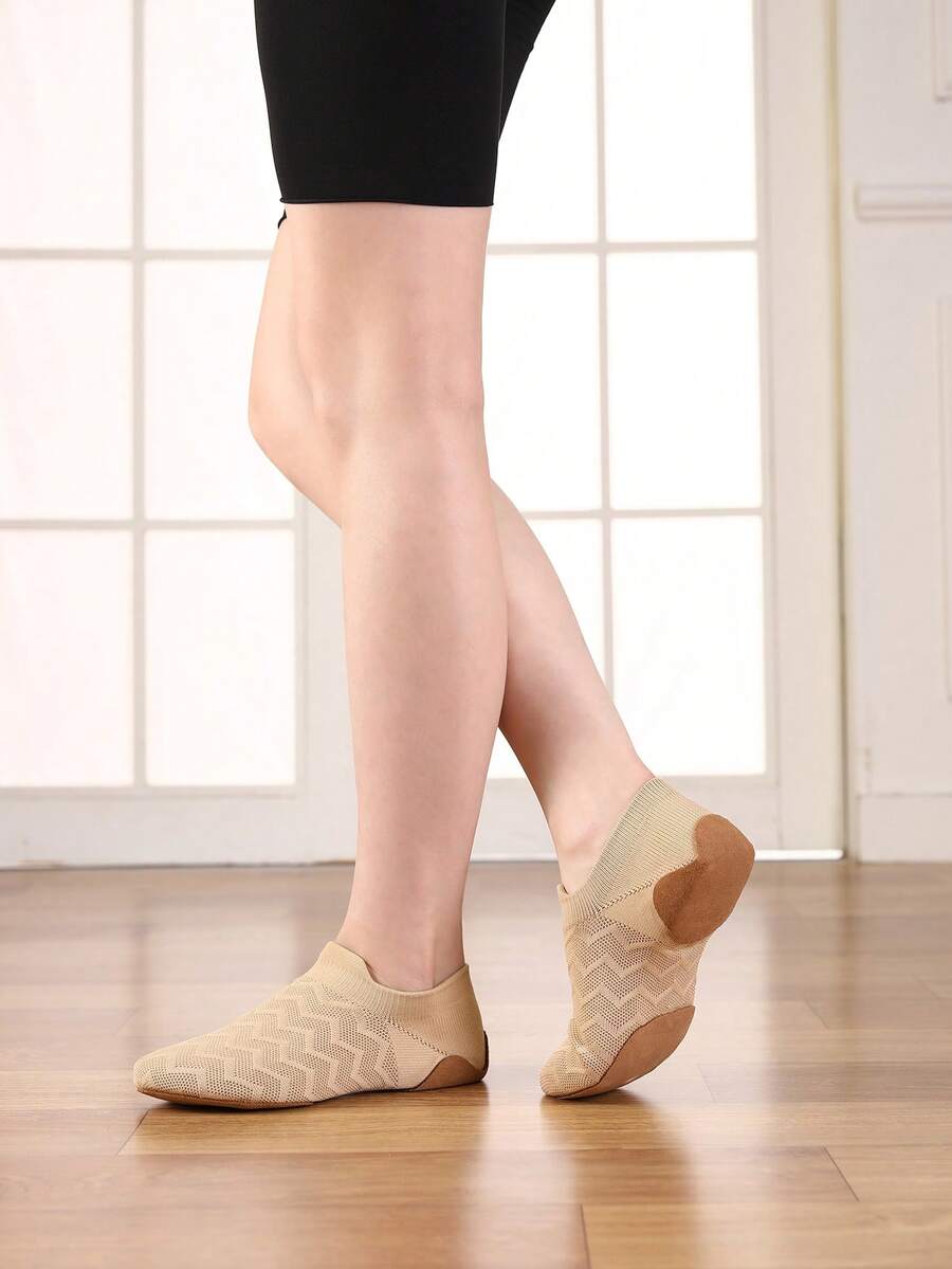 Knitted Dance Shoes, Breathable Ballet Flats, Minimalist Flat Shoes, Jazz Dance Shoes, Yoga/Practice Shoes - Camel - View 1
