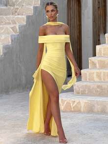 Women's Elegant Off Shoulder Maxi Dress, Draped Sleeveless High Split Evening Party Dress Wedding Spring - Yellow - View 2