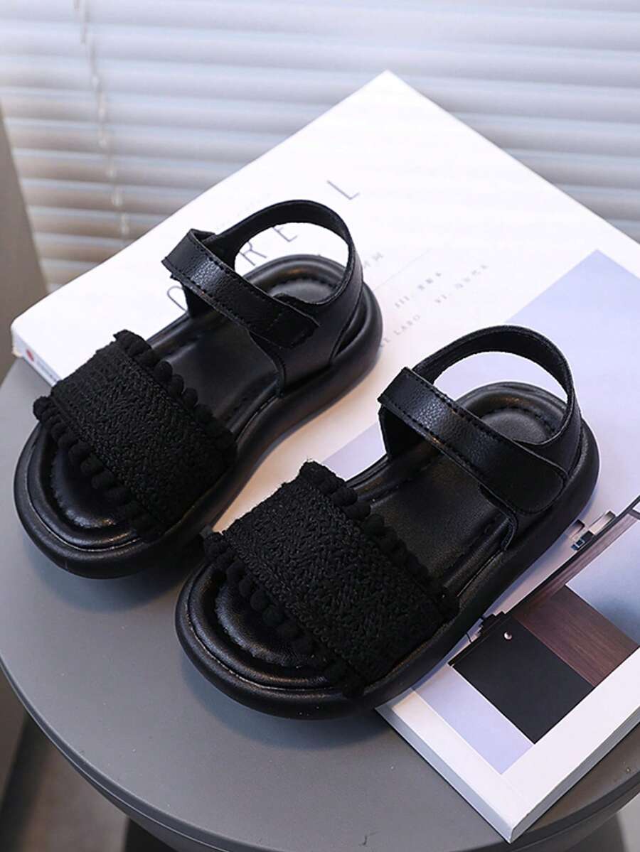 1 đôi sandal đế bệt ren kiểu La Mã thời trang mùa hè mới cho bé gái, đế mềm mại, thoải mái, kiểu dáng casual, thích hợp đi biển. - màu đen - Xem 1
