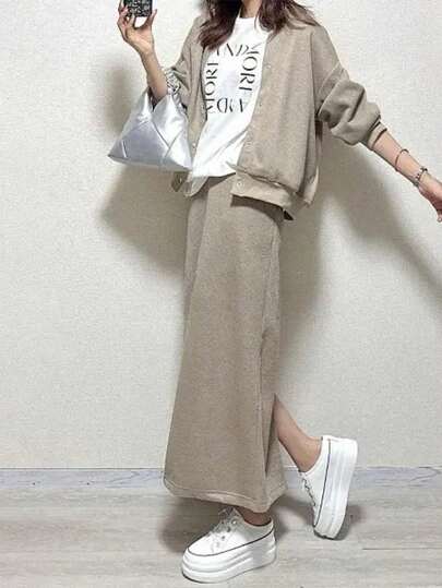 日系 2026年新作 ラウンドネック シングルボタン ストレートスカート ツーピースセットアップ