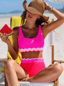 popvil 女士荷叶边比基尼套装，吊带高腰两件式泳衣，可爱泳装，适合夏季海滩度假 - 玫紅色 - 查看 1