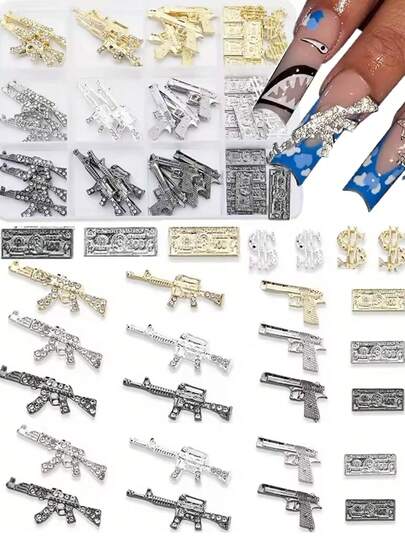 50pcs Nail Art Charms Set With Designs - 12-Compartment Mixed Box Vintage Cool Gun And Dollar , Hypoallergenic - Retro Chic Nail Decorations