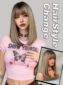 AKAKO 棕色挑染波波头假发，带刘海，14英寸短直发，女士齐肩长度，合成刘海假发，外观自然，耐热，适合日常、万圣节派对等场合，Y2K和哥特风格假发配件 - 挑染棕色 - 查看 2