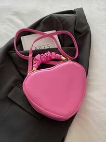 New Stylish Crease Simple Heart-Shaped Cute Solid Color Pleated Handbag, Shoulder Bag, Crossbody Bag For Shopping - Pink - View 8
