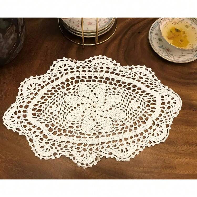 White Handmade Crochet Cotton Table Mats Lace Doilies Doily Oval Lace Placemats 11 By 15 Inches 2PC. - White - 查看 1