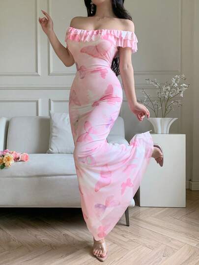 abyoxi 粉色蝴蝶网纱印花性感露肩荷叶边鱼尾连衣裙，优雅适合约会、旅行，展现甜美性感风格，是返校季和春夏新款女装的理想之选。