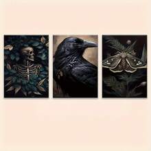 三联无框帆布印刷装饰画，骷髅、乌鸦，暗黑学院风，万圣节装饰，复古哥特式绘画，暗黑乡村风格，维多利亚风格，室内家居墙面装饰艺术品 - 彩色 - 查看 4