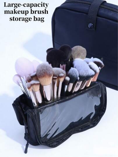 1pc Large Capacity Makeup Artist Organizer Bag, Black Color, Travel Friendly Makeup Brush Holder, Cosmetic Storage Case, Professional Makeup Bag With Shoulder Strap,Giveaways