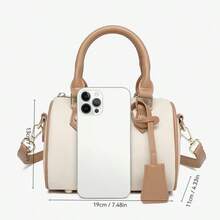 2025新款时尚波士顿枕形包，斜挎手提包，多功能托特包，双色压纹皮革 - 米色 - 查看 5