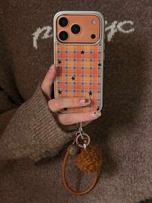 蓝色格子图案时尚手机壳，小众ins风蓝绿色格子星形图案手机壳，兼容 16 Pro Max、17 Pro Max、16 Pro、17、15、14/13，高端保护壳，春季生日礼物 - 橘色 - 查看 5