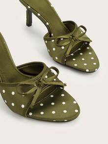 Giày sandal cao gót mũi tròn hở gót chấm bi nơ màu xanh lá cây, chất liệu giả lụa, đính đá lấp lánh, thích hợp cho tiệc tùng hoặc các sự kiện. - màu xanh lá - Xem 4